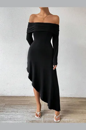 JC Mode Women Off-Shoulder Long Sleeves Fit & Flare Midi Dress