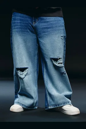 FREAKINS Men Wide Leg Slash Knee Light Fade Jeans