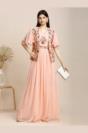 MADHURAM Women Embroidered Flutter Sleeve Georgette Maxi Gown Dress with Attached Jacket