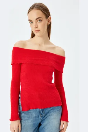 Koton Women Ribbed Off-Shoulder Neck Cold Shoulder Sleeves Casual Top