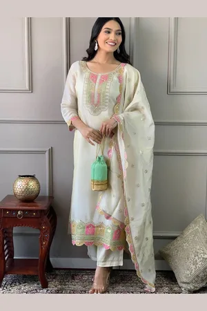 Lilots Floral Embroidered Regular Chanderi Silk Straight Kurta with Trousers & Dupatta