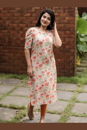 Hay Floral Printed Keyhole Neck Puff Sleeves Straight Kurta