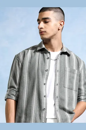 Highlander Men Herringbone Melange Textured Striped Relaxed Overshirt