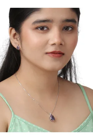 Kord Store Rhodium-Plated American Diamond Studded Pendant and Earrings