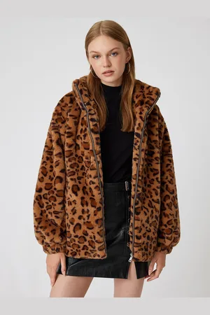 Koton Women Animal Printed Longline Faux Fur Trim Tailored Jacket