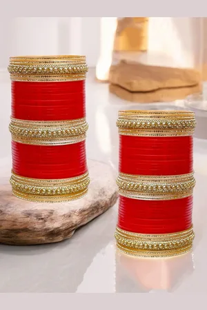 Lucky Jewellery Set of 80 Stone-Studded Punjabi Chura Bridal Bangle