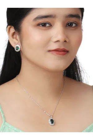 Kord Store Rhodium Plated American Diamond Studded Pendant and Earrings