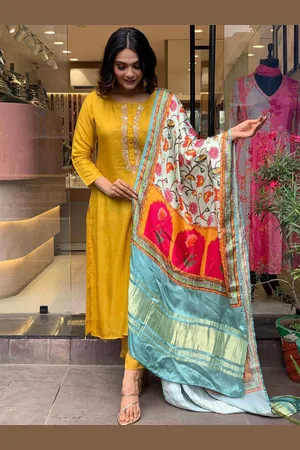 Lilots Round Neck Floral Yoke Design Thread Work Straight Kurta with Trouser & Dupatta