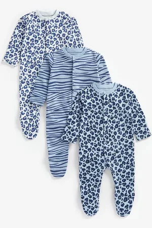 Mothercare Infant Boys Pack Of 3 Blue Animal Printed Pure Cotton Sleepsuits