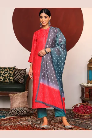 Varanga Red Bandhani Printed Mandarin Colar Kurta With Trousers & Dupatta