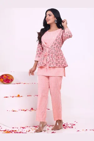 Kalini Round Neck Striped Pure Cotton Top & Trousers With Jacket