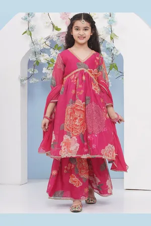 Bhama Girls Floral Printed Empire Anarkali Kurta with Sharara & Dupatta