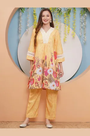Bhama Couture Floral Printed V-Neck A-Line Kurta with Palazzo