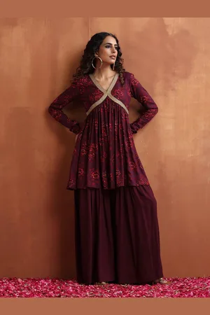 trueBrowns Floral Printed V-Neck Empire Gotta Patti Anarkali Kurta With Sharara