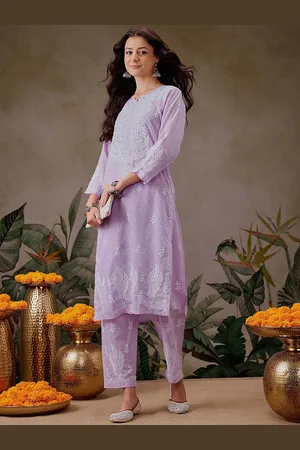 ADAM Co. Floral Embroidered Notch Neck Chikankari Straight Kurta With Trousers