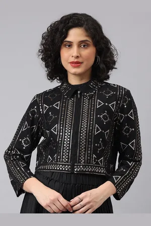 Latin Quarters Women Spread Collar Geometric Printed Casual Open Front Jacket