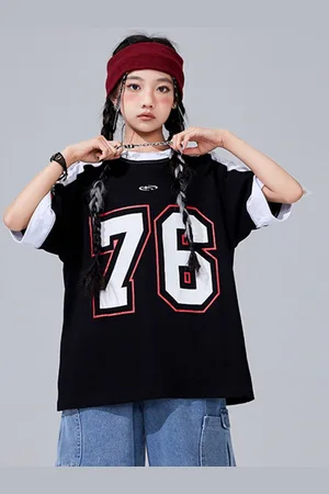 LULU & SKY Unisex Kids Varsity Printed Mandarin Collar Relaxed Fit T-shirt