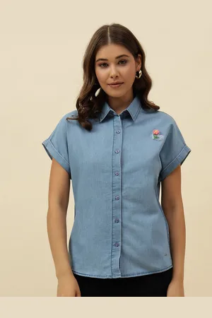 BEATNIK Women Classic Spread Collar Solid Denim Casual Shirt