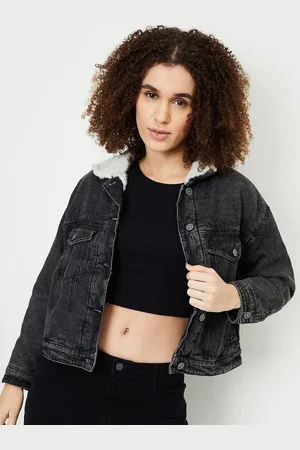 Max Collection Women Geometric Checked Polyester Longline Denim Jacket