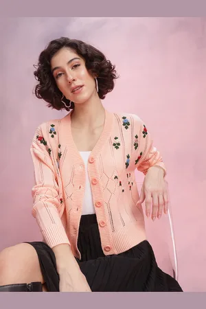 DressBerry Floral Embroidered Open knit Design Acrylic Cardigan