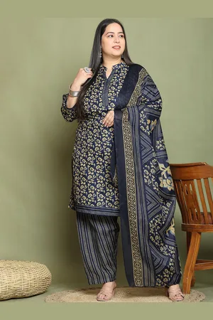 Rajnandini Plus Size Mandarin Collar Floral Printed Straight Kurta with Salwar & Dupatta