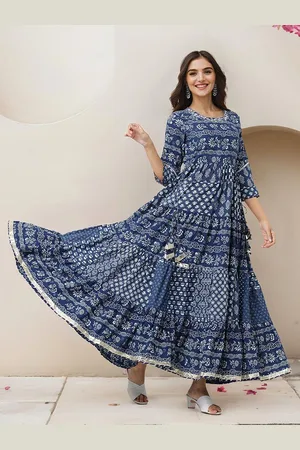 Ishin Floral Printed Layered Fit & Flare Cotton Maxi Dress