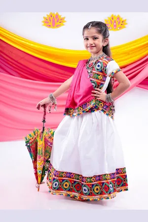 Banjara Girls Embroidered Ready to Wear Cotton Lehenga & Blouse With Dupatta