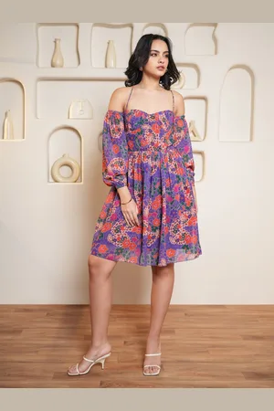 PURVAJA Women Floral Printed Off-Shoulder Puff Sleeve Fit & Flare Dress