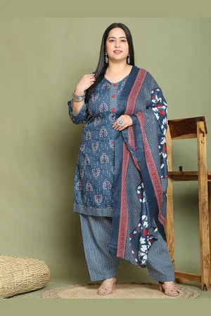 Rajnandini Plus Size V-Neck Floral Printed Straight Kurta with Trouser & Dupatta