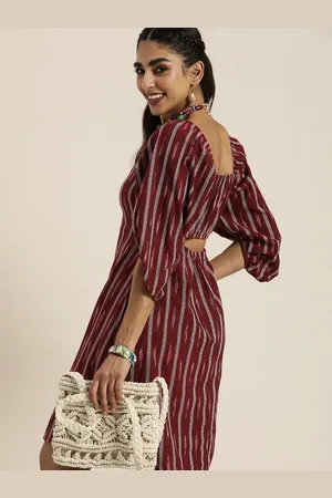 Taavi Women Maroon Ethnic Ikat A-Line Dress