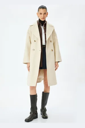 Koton Women Notched Lapel Collar Double-Breasted Longline Overcoat