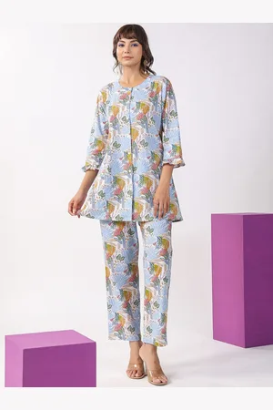 JISORA Floral Printed Pure Cotton Kurti With Pyjama