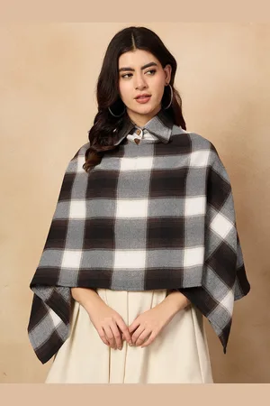 InWeave Women Checked Acrylic Shirt Collar Poncho