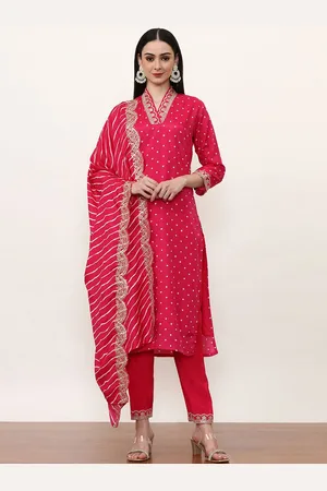Jaipur Women Bandhani Embroidered Regular Sequinned Kurta with Trousers & With Dupatta