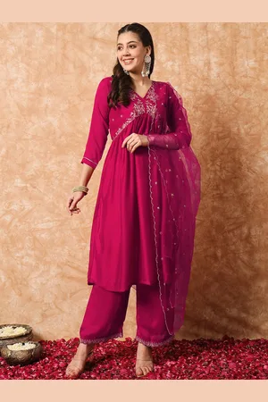 Lilots Floral Embroidered Pleated Thread Work Pure Silk Kurta with Trousers & Dupatta