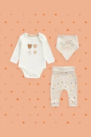 Mothercare Infants Off-White & Beige Printed Bodysuit with Pyjamas and Bib