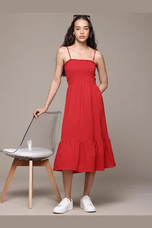Roadster Crepe Smocked Fit & Flare Midi Dress