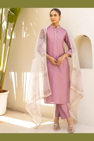 HERE&NOW Women Embroidered Regular Thread Work Pure Silk Kurta with Trousers & With Dupatta