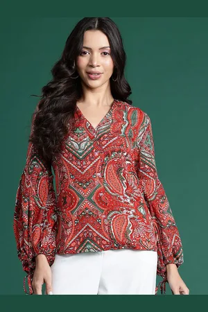 Deewa Women Floral Printed Mandarin Collar Puff Sleeve Shirt Style Top
