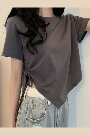 LULU & SKY Women Solid Waist Tie-Ups Short Sleeves Crop Top