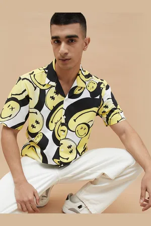 Smileyworld Men Cuban Collar Graphic Printed Cotton Casual Shirt