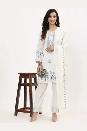 ZARI Women Ethnic Motifs Embroidered Regular Thread Work Pure Cotton Kurta with Trousers & With Dupatta