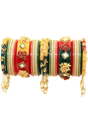 Align Set Of 2 Gold-Plated Stone Studded & Beaded Chuda Bangles