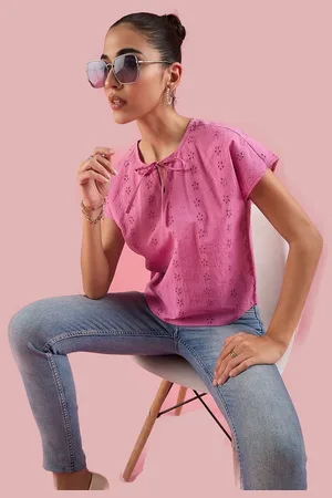 Deewa Women Self Design Schiffli Tie-Up Neck Pure Cotton Top