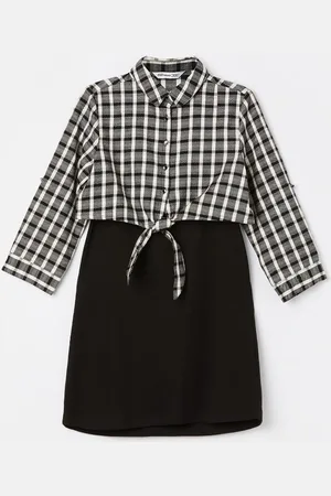 Lifestyle Girls Checked Shirt Collar Cotton Fit & Flare Dress