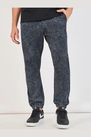 Styli Men Black Acid Washed Slim Fit Tonal Embroidery Pure Cotton Joggers