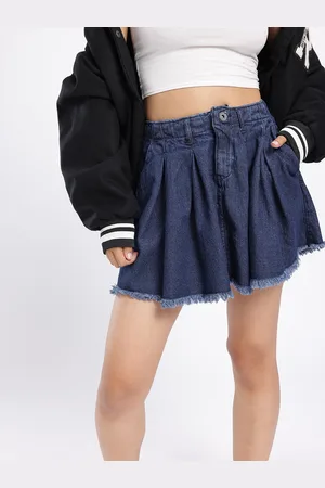 DressBerry Women Urban Chic Pleated Flared Denim Mini Skirt