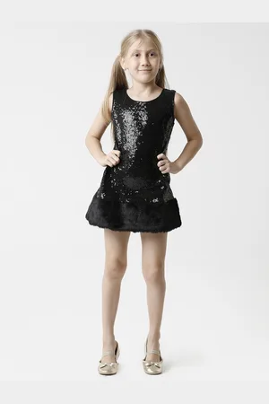 KATE & OSCAR Girls Black Embellished Georgette A-Line Dress with fur
