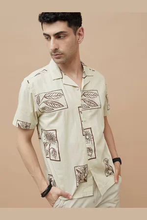 Lifestyle Men Cuban Collar Floral Printed Cotton Casual Shirt