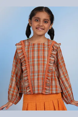 BAESD Girls Checked Puff Sleeve Cotton Top